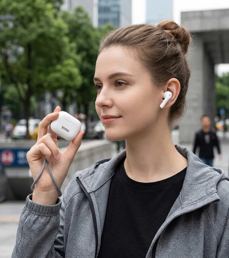 Detalhe do fone Joog Air2 Pro com tecnologia de cancelamento de ruído