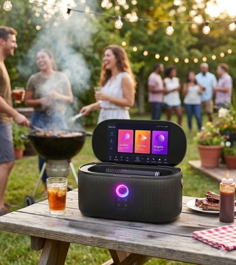 Sistema de karaokê com tela touch e microfones integrados